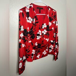 BCBGMaxAzria Red Floral Wrap Blouse
